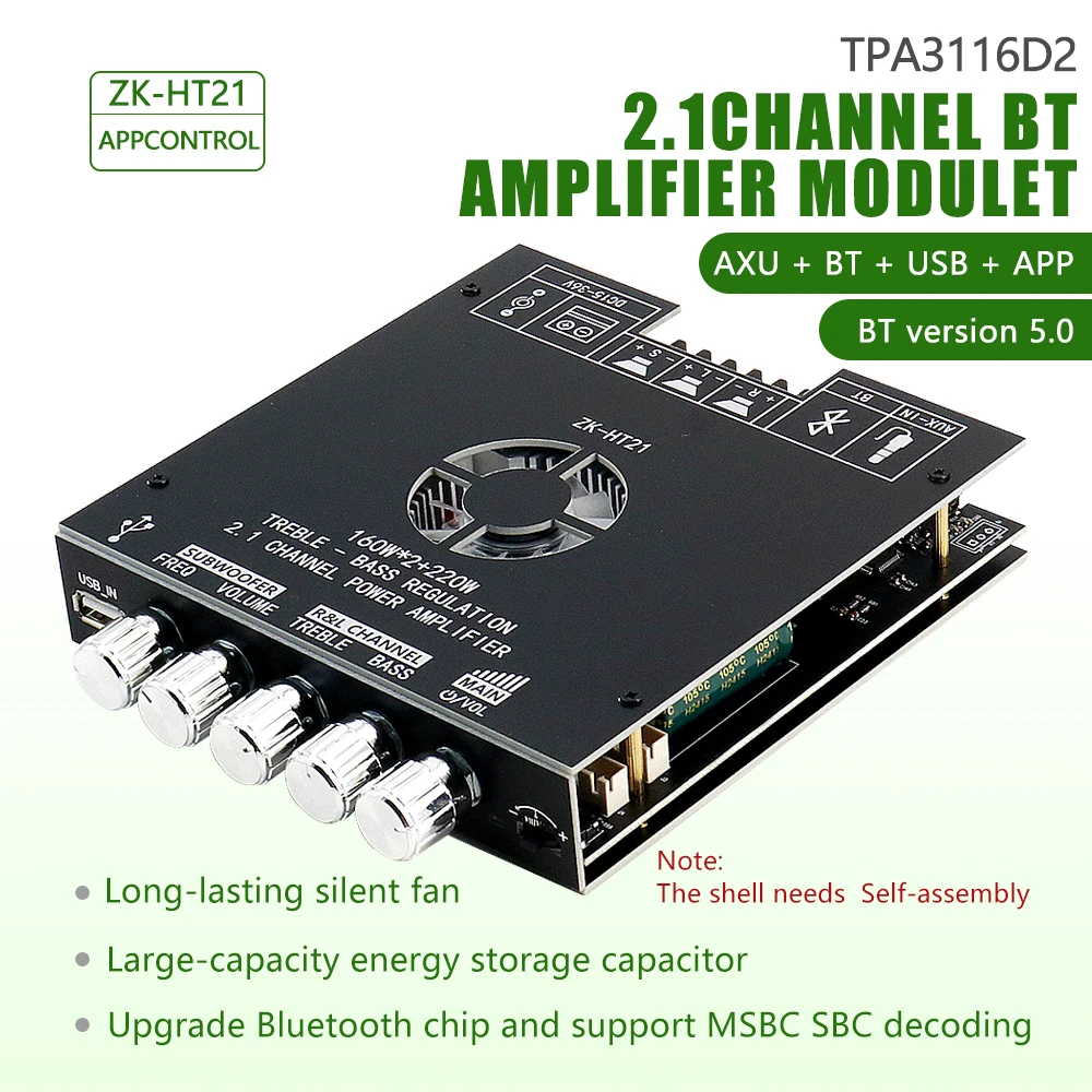 ZK-HT21 3G Bluetooth 5.0 Verstärkermodul 2.1 Kanal TDA7498E 160Wx2+220W Subwoofer Unterstützung AUX USB APP Steuerung