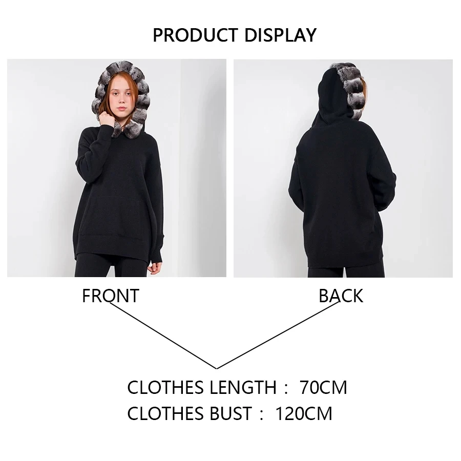 Suéter de punto de piel Real para mujer, jersey de moda de otoño e invierno, cuello de piel de conejo Rex Natural, Sudadera con capucha informal cálida