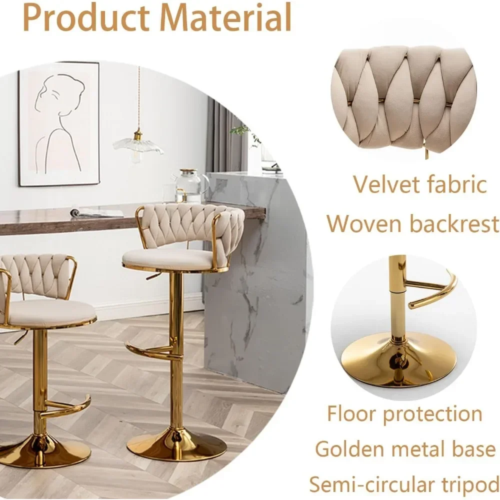Velvet Stools Set of 4, Counter Height Bar Stools with Low Back, Gold Swivel Bar Stool for Kitchen Island, Bar Pub Stools