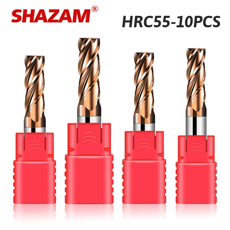 SHAZAM 4-Shank HRC55 4-Flute Flat End Mill Tungsten Steel Carbide Alloy Coating 10PCS Milling Cutter For CNC Machining Endmills
