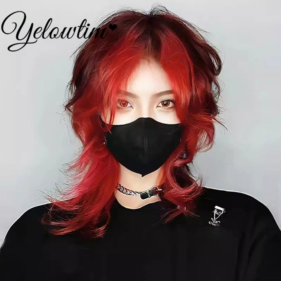 Yelowtim-短い合成かつら,巻き毛,黒と赤,クールで美しい