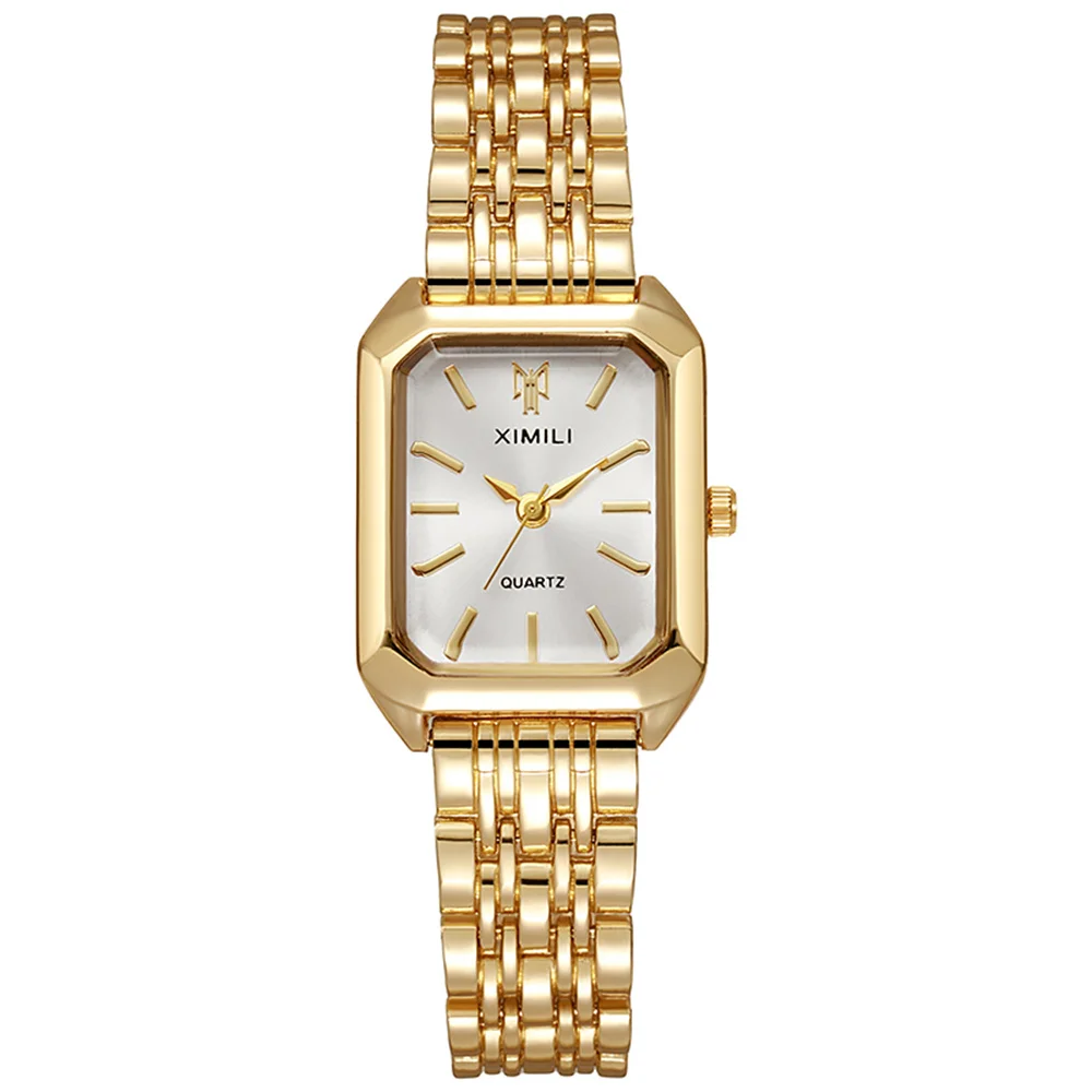 Orologio al quarzo moda donna di lusso Orologio da donna pieghevole in acciaio inossidabile con scala semplice di qualità quadrata placcata in oro