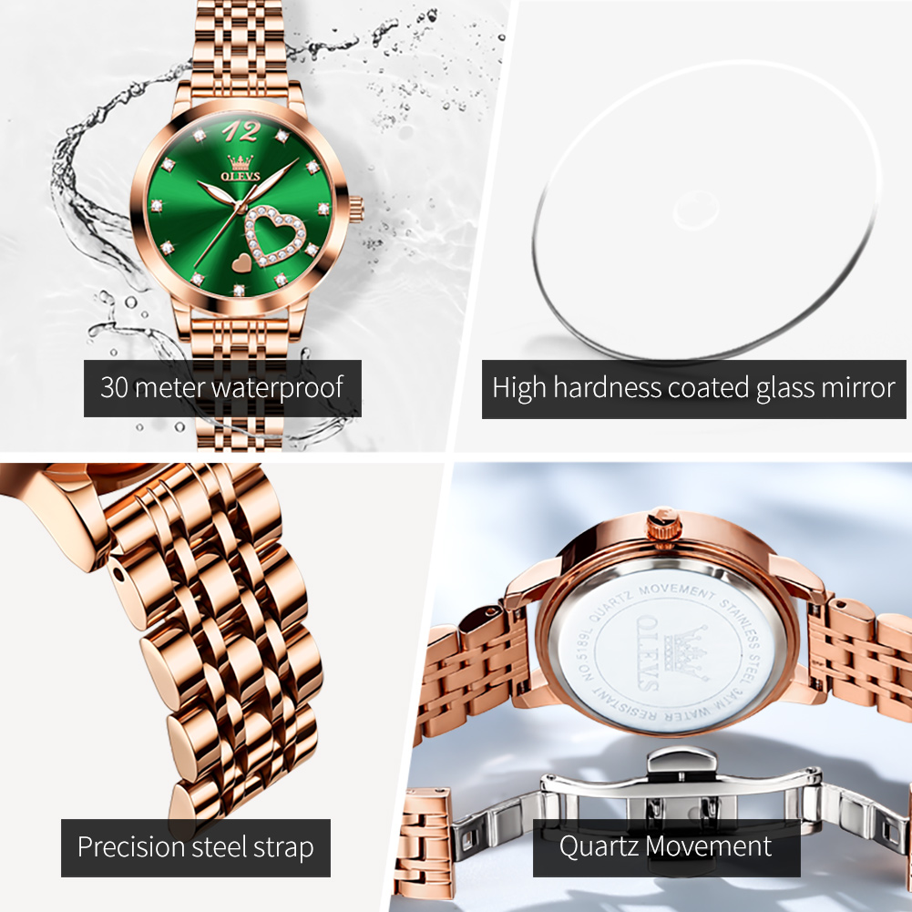 OLEVS Relógio de quartzo feminino, diamante incrustado, pulseira de aço, amor, 5189