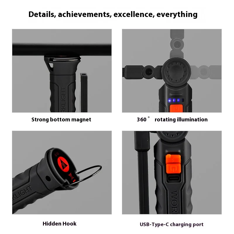COB LED 작업등 손전등, USB-C 800mA 작업등, 마그네틱 360 ° 차고 수리 검사 램프, 4 가지 모드 포켓 투광 조명, 450LM