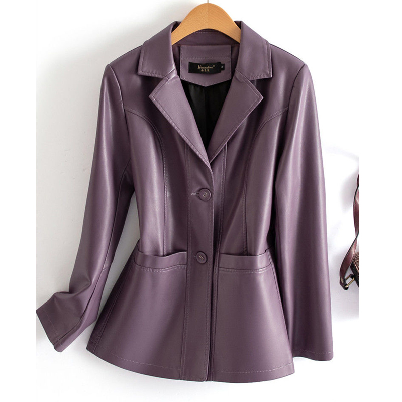 2024 ใหม่Sheepskinแจ็คเก็ตแฟชั่นไวน์แดงผู้หญิงแขนยาวSingle-Breastedเสื้อลําลองLady Slimแยกหนังแจ็คเก็ตm-6XL