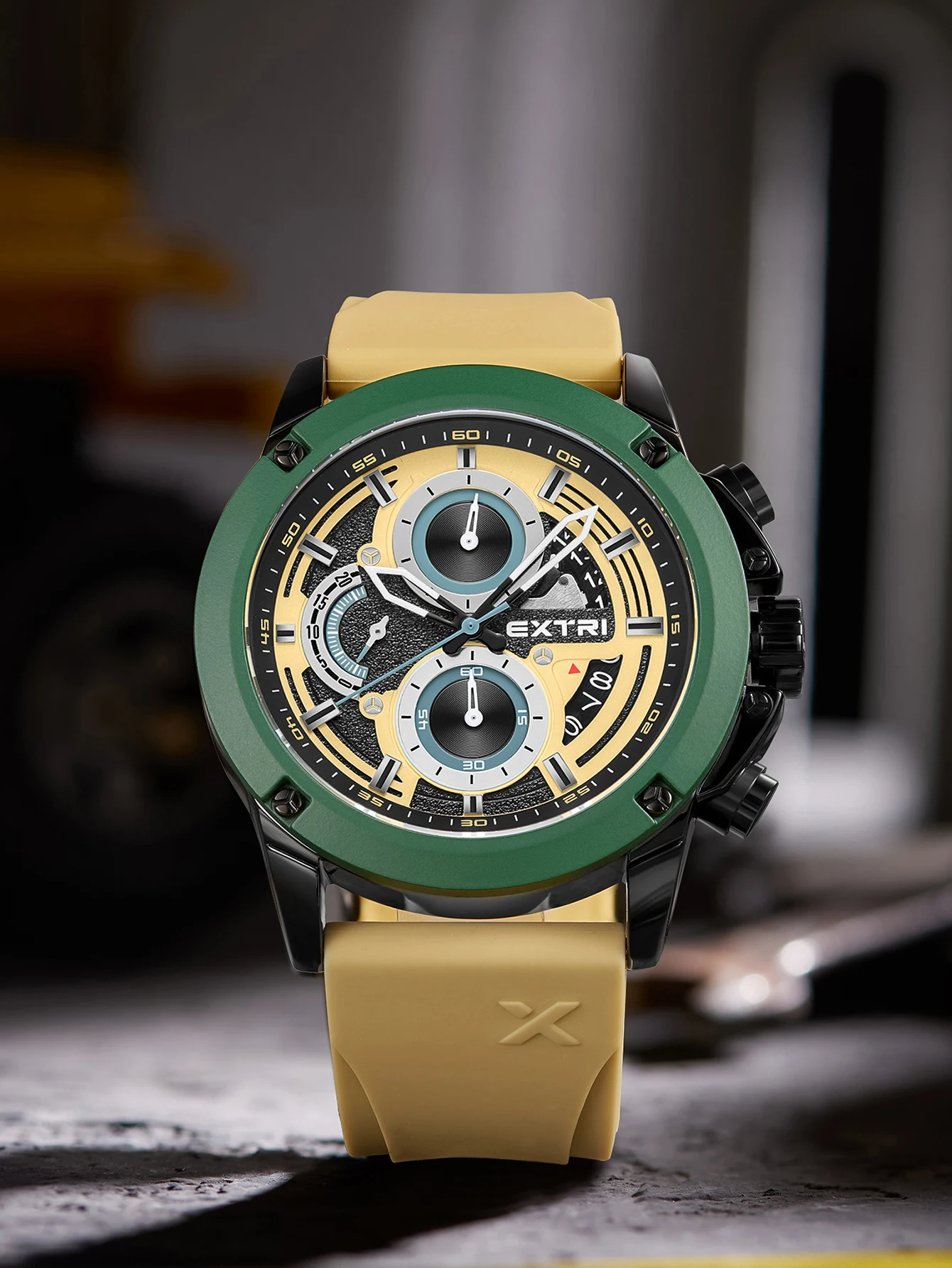 EXTRI jam tangan untuk pria, casing Biru Mode karet multifungsi enam Pointer kuarsa Relojes desain baru dengan kotak