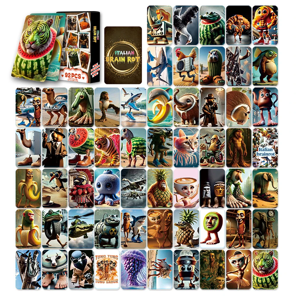 92PCS Italienische Brainrot Karten Tung Tung Sahur Tralalero Tralala Sammelkarten Klassisches Spielzeug Für Jungen Mädchen Geburtstagsgeschenke