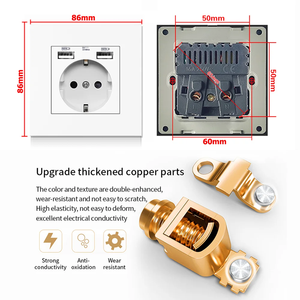 EIOMR toma de corriente USB de pared 5V 2.1A UE Francia toma de corriente 16A enchufe de puerto USB Dual enchufe de puerto de carga de teléfono IOS Android