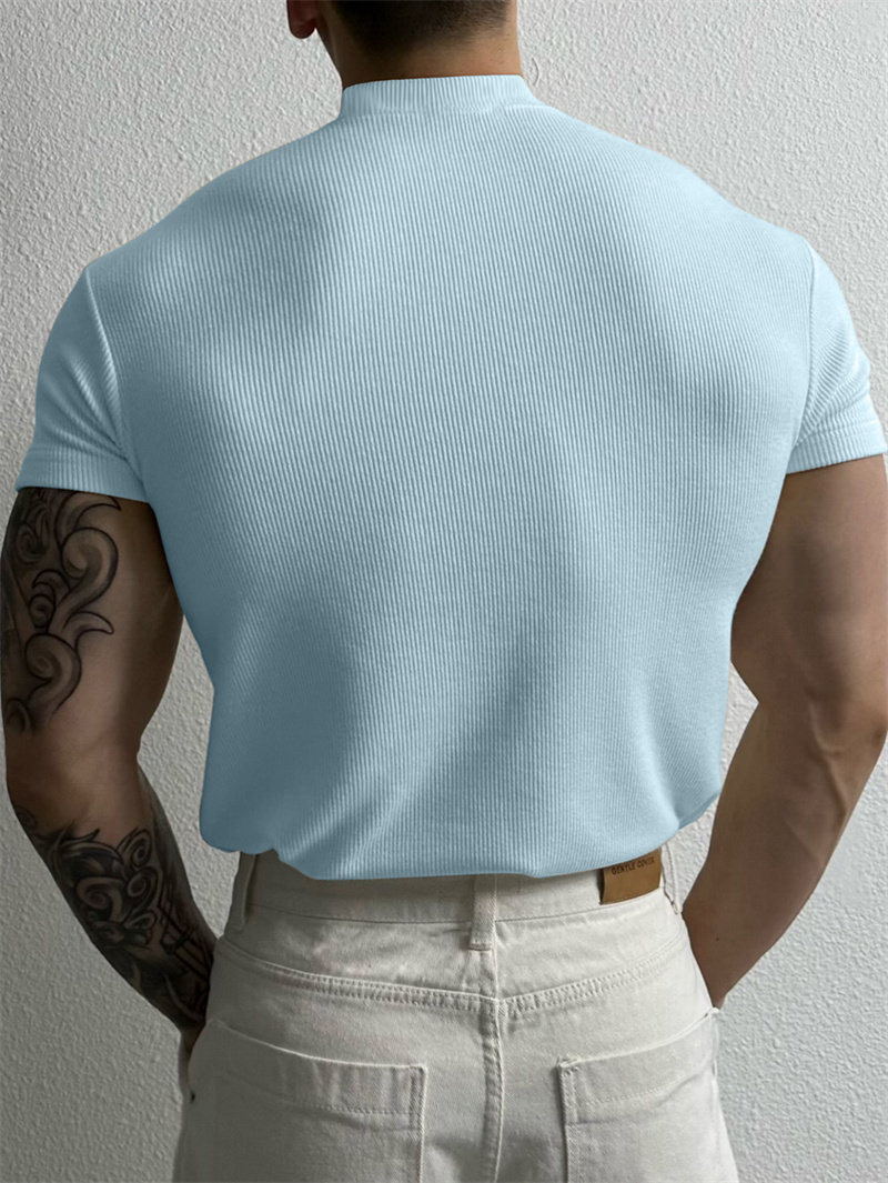 春夏のファッションメンズ Tシャツ小さなハイカラーストライプシャツ半袖フィットネストップレジャースポーツ Tシャツ男性スポーツウェア