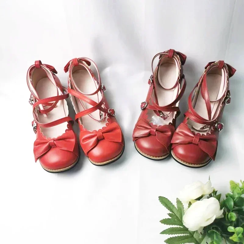Lolita Shoes Women Flats Low Round With Cross Straps Bow Cute Girls Princess Tea Party Shoes Students Lovely Shoes Rozmiar 34-41