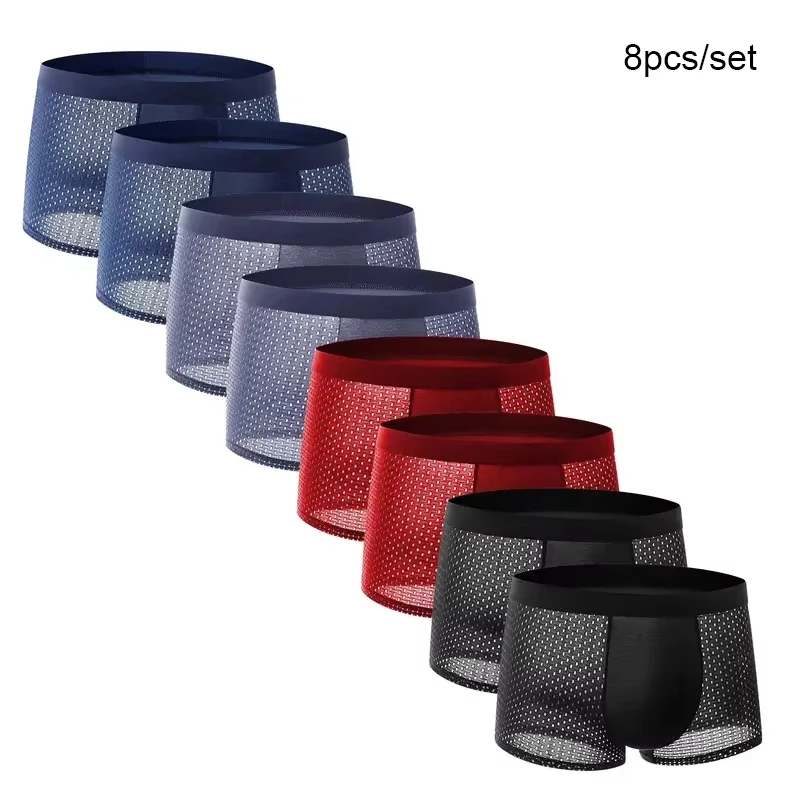 8 teile/satz männer Unterwäsche Eis Seide Mesh Männer Höschen Atmungsaktive Spurlose Mode Höschen Männlichen Einfarbig Boxer Shorts
