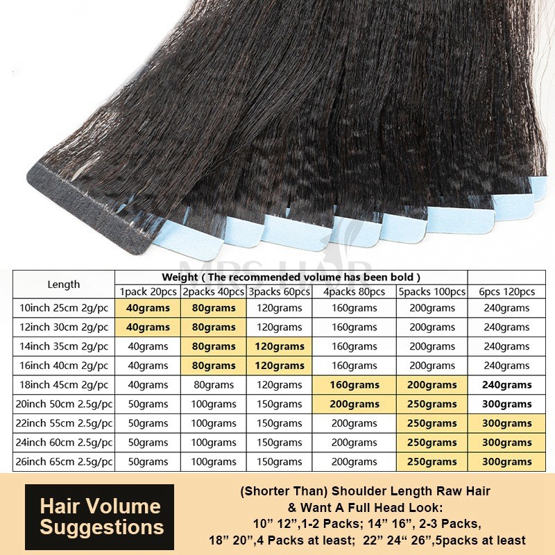 MRS HAIR Light Yaki Tape In Hair Extensions Human Hair Cuticle Remy Tape in Extensions SilkPressed Yaki Tape ins 12-26inch 20pcs