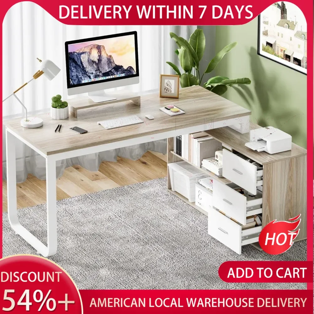 Desk with Drawers, 55 Inch L Shaped Computer Desk with Storage Shelves, Corner Desk with Removable Monitor Stand, Study