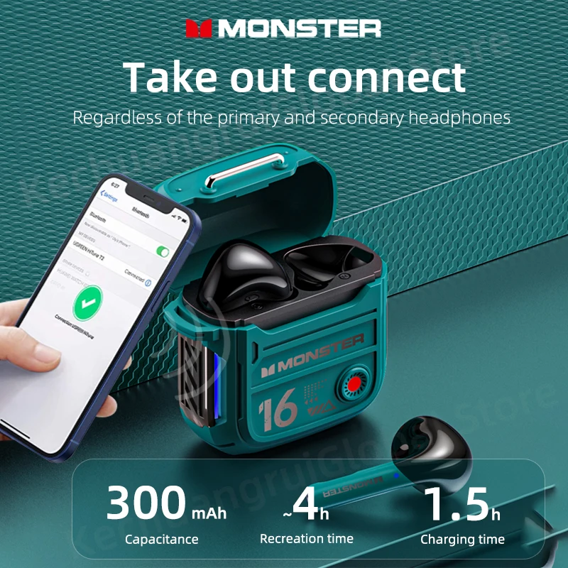 Monster XKT16 Bluetooth 5.3 이어폰 기계적 디자인 무선 헤드폰 게이머 헤드셋 TWS 소음 감소 스포츠 이어 버드 New