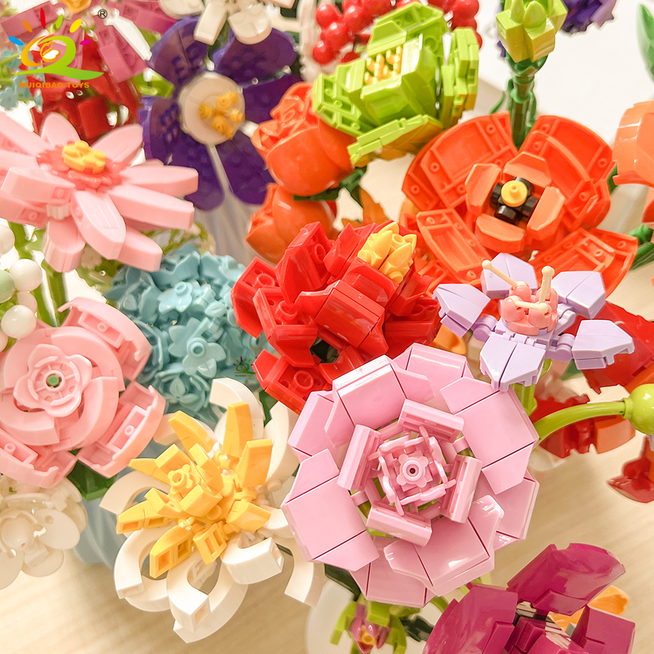 HUIQIBAO MOC 花モデルビルディングブロック 3D 花束植物ひまわりローズレンガキット子供 DIY 知育玩具家の装飾