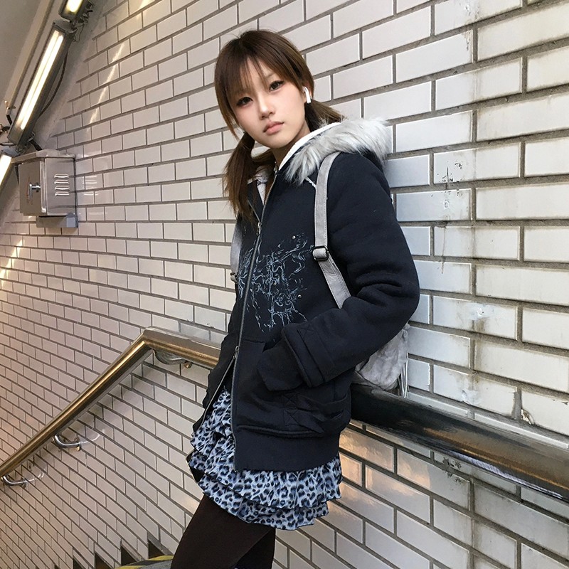 Karrram Japanese Y2k Fur Hooded Coat Grunge Aesthetics Tattoo Print Jacket Vintage Harajuku Double Zipper Outerwear Trashy 2000s