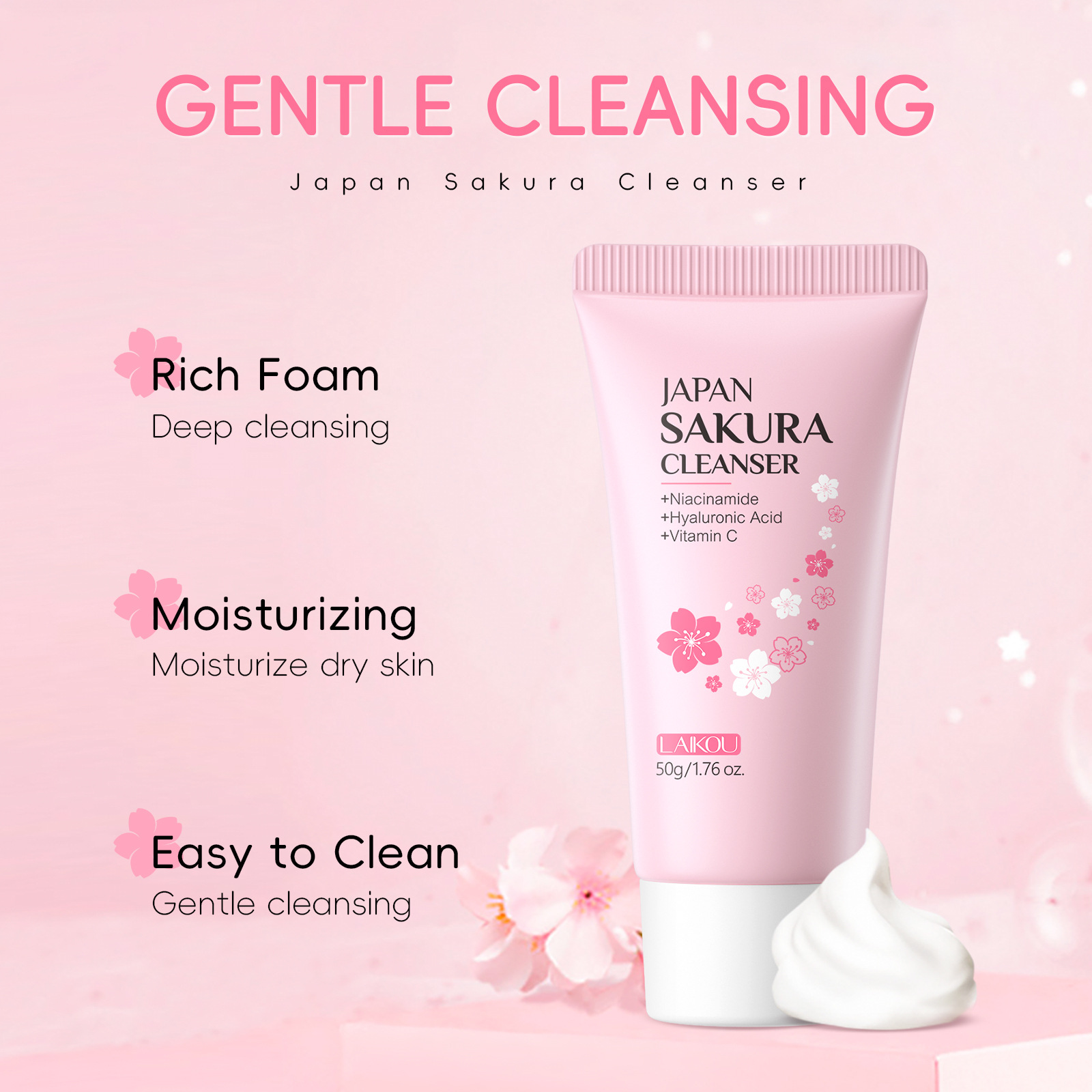 Laikou Sakura Whitening Facial Cleanser Foam Moisturizing Deep Remove Cleansing Acne Milk Oil Control Exfoliating Shrink Pores