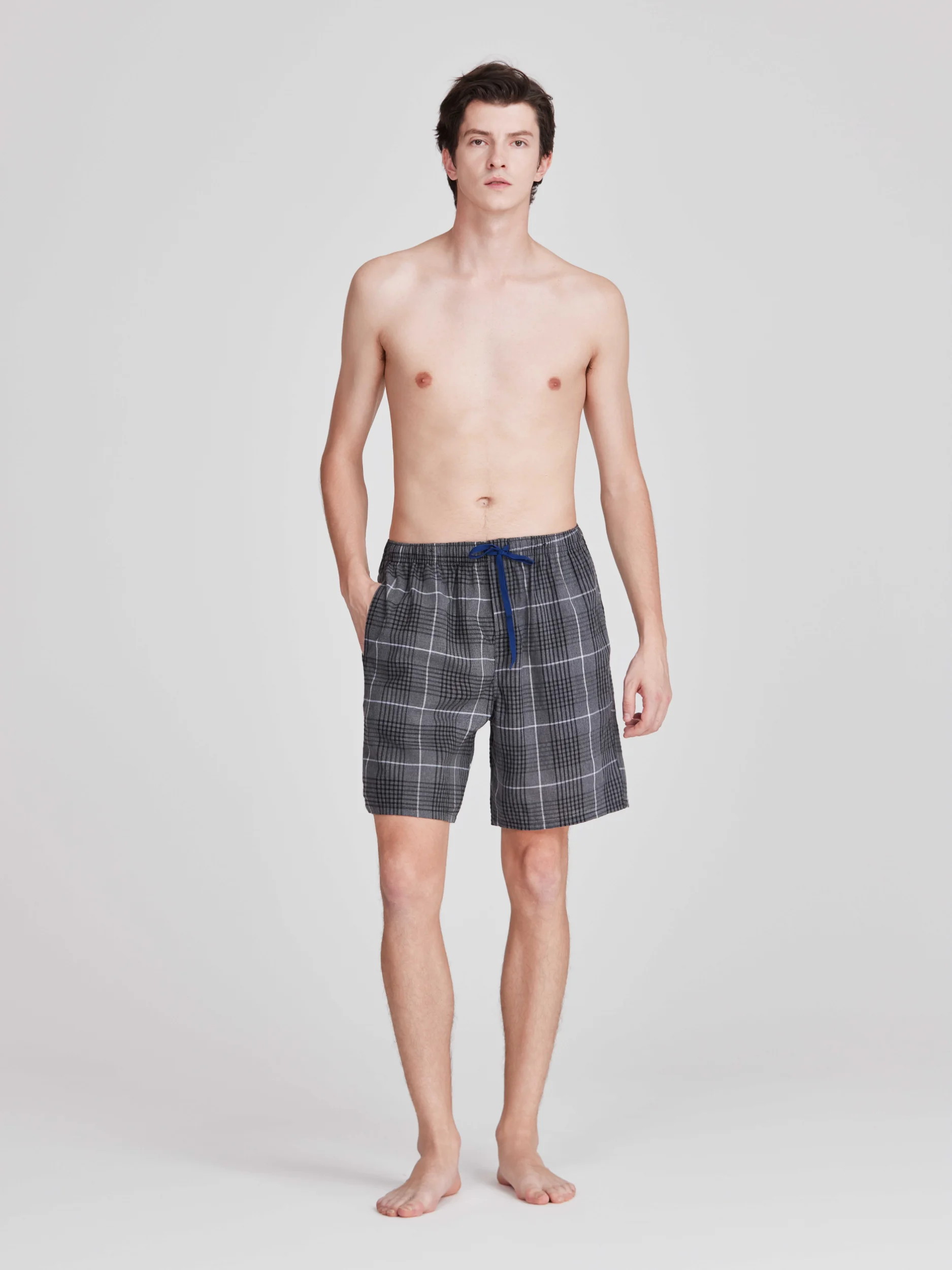 3 peças calças de pijama masculinas tecido 100% algodão clássico xadrez shorts pijamas casuais confortáveis com botão e bolsos com cordão