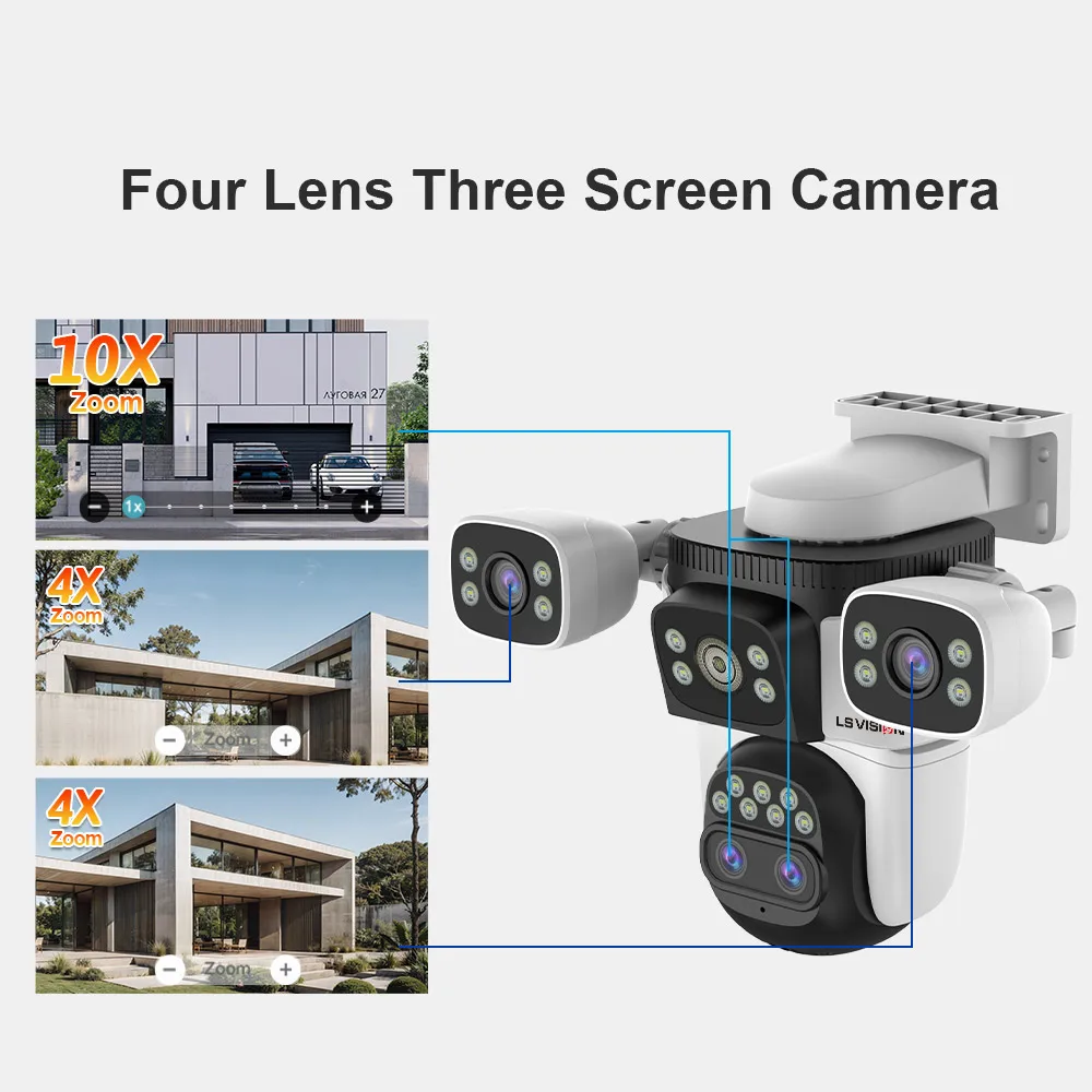 LS VISION 20MP สามหน้าจอ WiFi Security กล้องกลางแจ้ง 10X Optical Zoom สี่เลนส์มนุษย์การติดตามอัตโนมัติกล้องวงจรปิดกันน้ํากล้อง