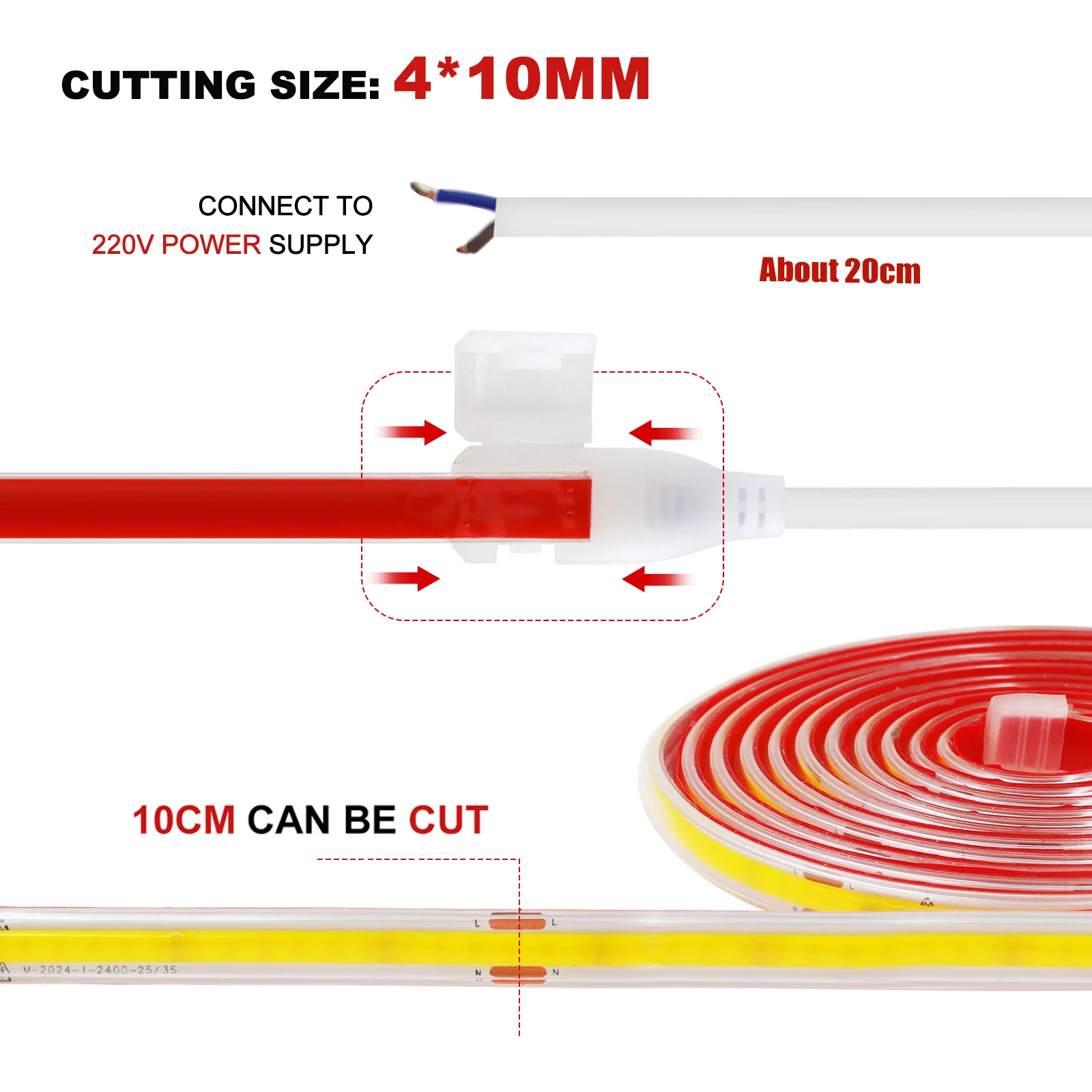 AC 220 V COB Strip 240 Leds/M IP65 Waterdicht 3000 K 4000 K 6000 K Flexibele Lint Touw LED Licht 10 CM Cut Zelfklevende Diode Tape