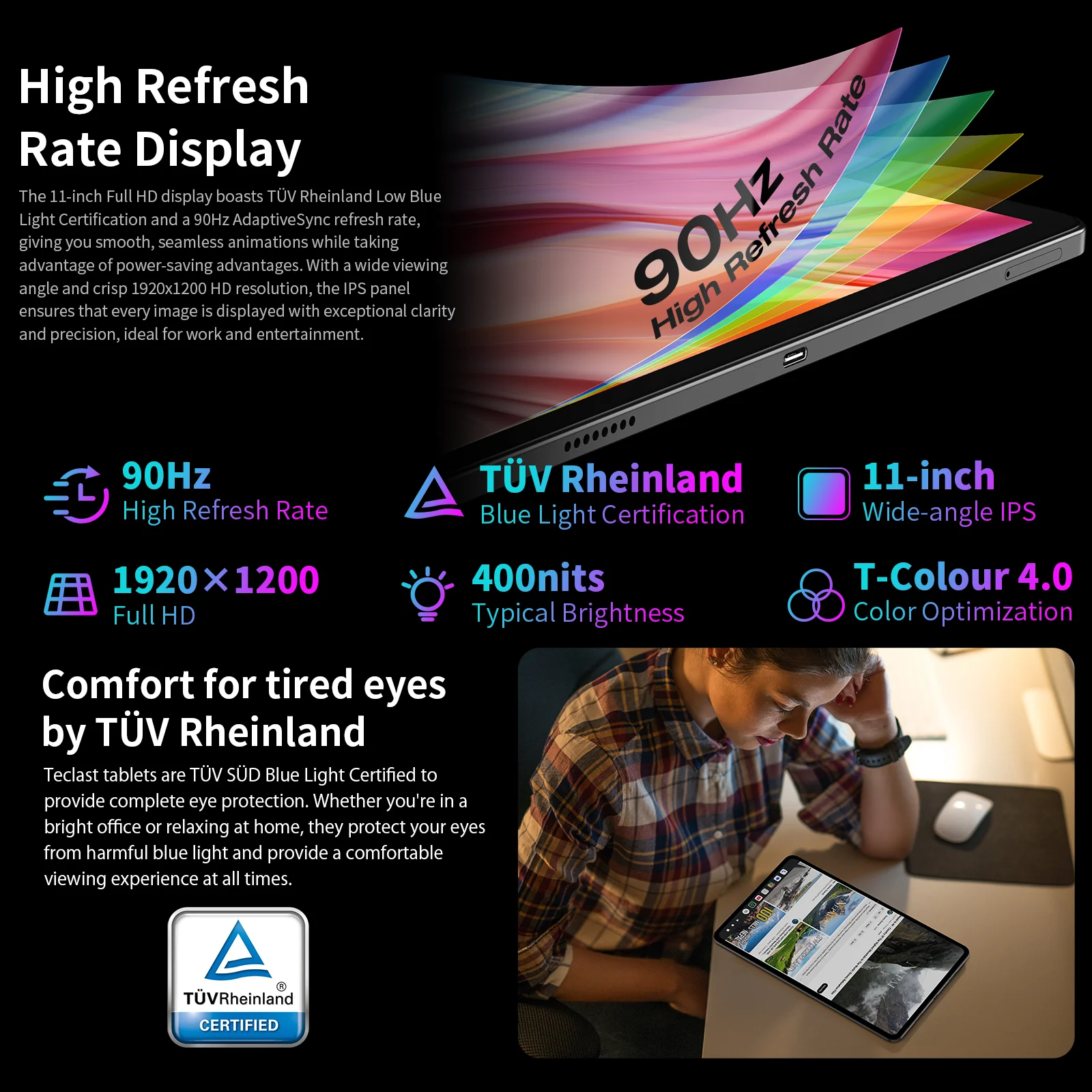 Teclast-T50 Plus Android 14 Tablet, 11 ", taxa de atualização 90Hz, T620, 8 Core, CPU Max, 16GB RAM, 256GB ROM, Dual 4G LTE, GPS, 8000mAh