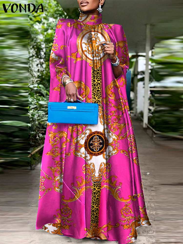 Plus Größe 5XL VONDA Elegante Party Frauen Sommerkleid Böhmischen Stehkragen Ärmelloses Gedruckt Maxi Kleid Casual Fledermaus Ärmel Lange Robe
