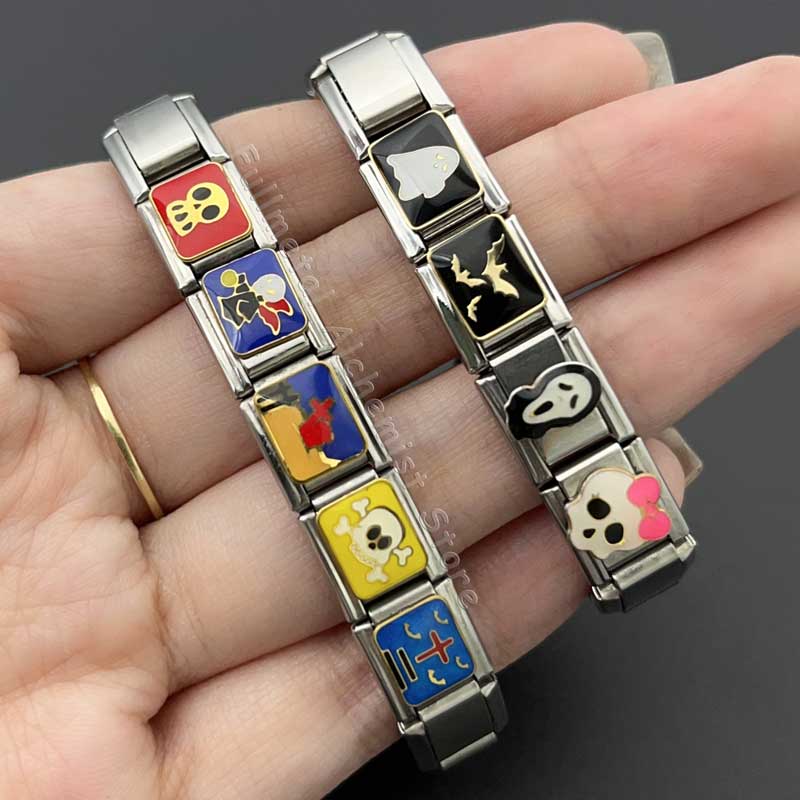 อิตาเลี่ยนสร้อยข้อมือสแตนเลส Charm 9 มม.โมดูลฮาโลวีนที่ถอดออกได้ Ghost รูปแบบคู่ของขวัญเครื่องประดับทํา DIY Splicing