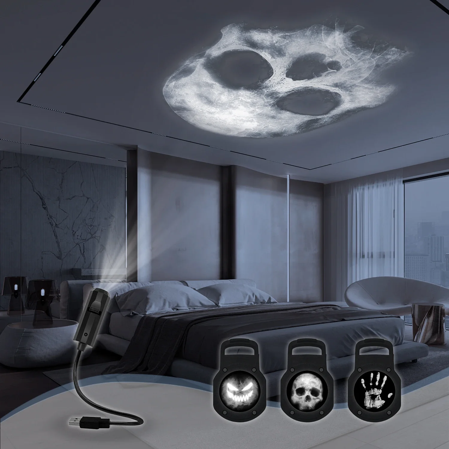 Lampada per proiezione con teschio, design con motivo commutabile 1+3, luce notturna a LED, adatta per la decorazione del soffitto della parete della stanza, regalo di Halloween
