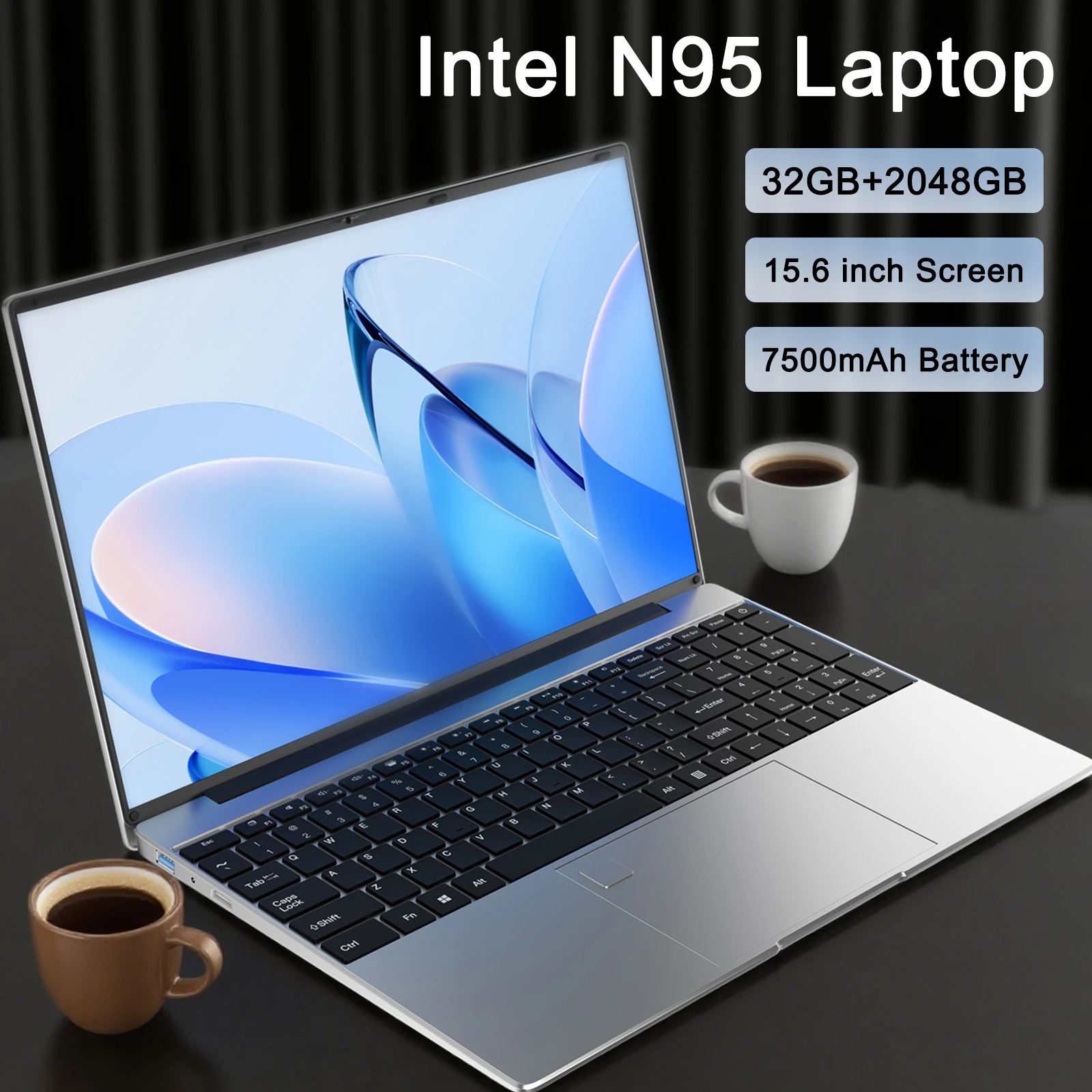 2025 Nuovo laptop leggero da 15,6 pollici N95 32 GB + 2048 GB FHD Display IPS 7500 mAh Batteria tastiera retroilluminata Sblocco delle impronte digitali