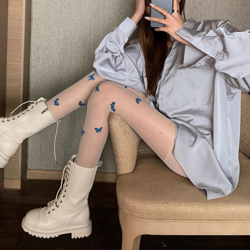 セクシーな女性黒タイツヴィンテージ Y2K 蝶プリント透明シルクストッキング女の子ロリータ夏薄いタイトな高ストッキング