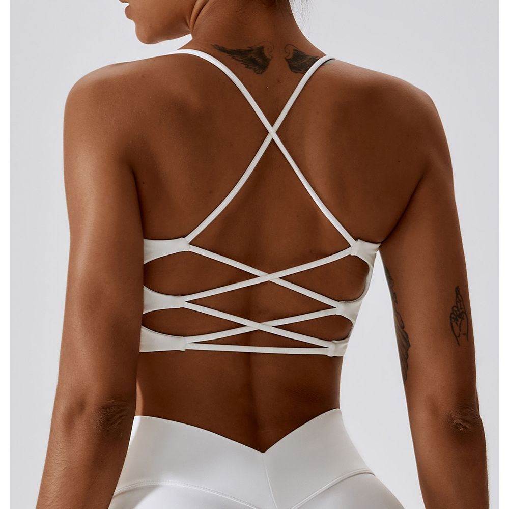 Einfarbiger U-förmiger Multi-Strap-Kreuzrücken-Fitness-Sport-BH für Damen, Fitnessstudio, Yoga, sportlich, eng, Workout, Joggen, weich, mit Brustpolster
