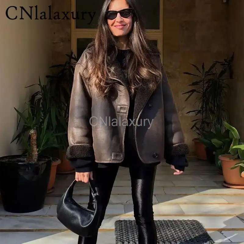 CNlalaxury 女性ファッション冬の新フェイクファーフリースジャケット長袖ラペルシックな女性のシングルブレスト暖かいショートコート Mujer