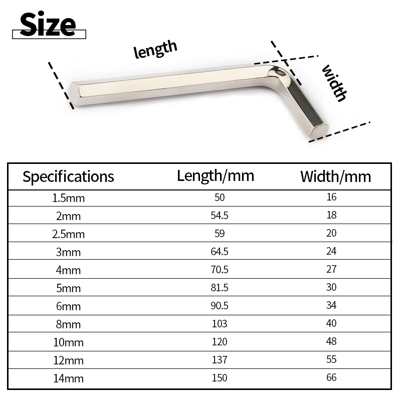 1.5-2-2.5-3-4-5-6-8-10-14mm Allen Keys Hex Wrench L Shaped Nickel Plated Flat Head Hexagonal Keys L-type Repair Tools Hand Tools