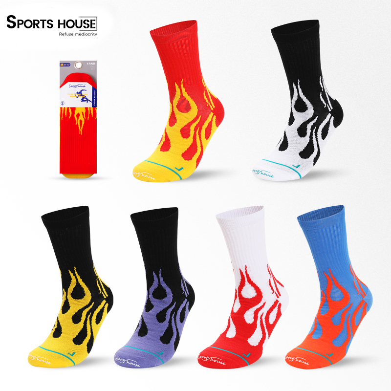 SPORT'S HOUSE Calcetines de tubo medio con suela de toalla con patrón de llama que absorben el sudor calcetines deportivos de tendencia de moda antifricción transpirables