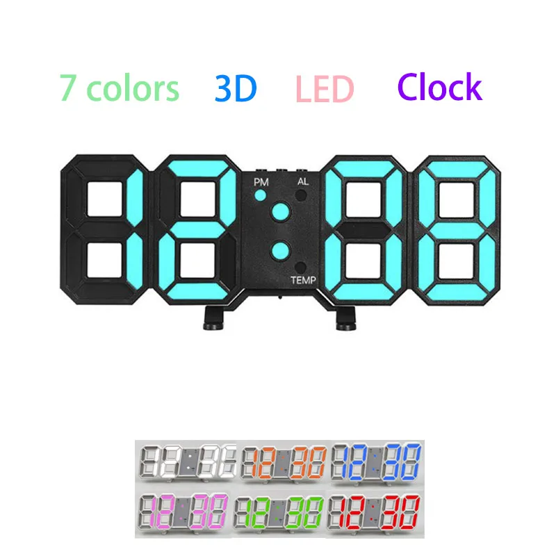 Orologio digitale a LED 3D a 7 colori Orologio da parete alla moda luminoso Orologio elettronico creativo multifunzionale Decorazione della casa