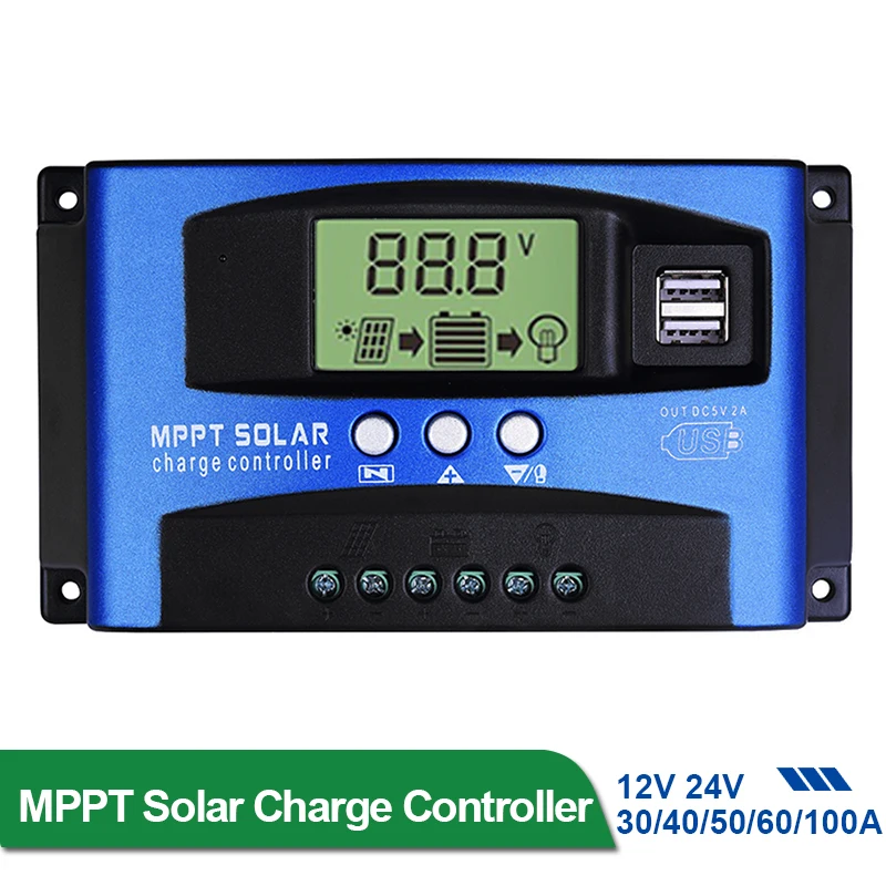 พลังงานแสงอาทิตย์ MPPT 100A 60A 50A 40A 30A Charge Controller Dual USB จอแสดงผล LCD 12V 24V Solar Cell แผง Charger ตัวควบคุมโหลด