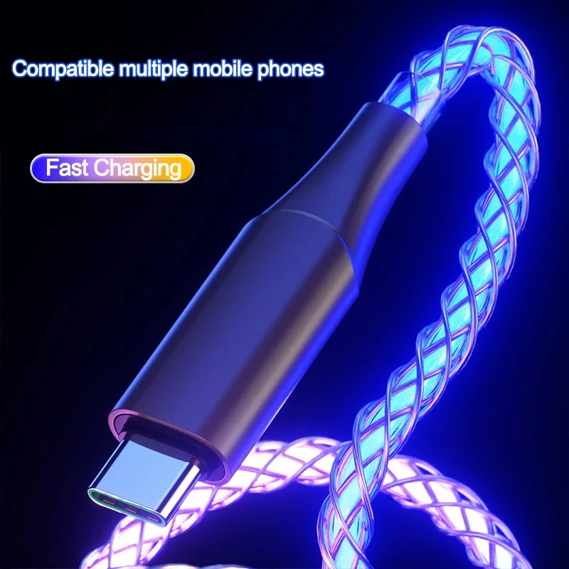 RGB 66W 6A Fast Charging USB to C Cable Colorful Streamer Glowing Line for Samsung Xiaomi Redimi Huawei Charger USB C Cable