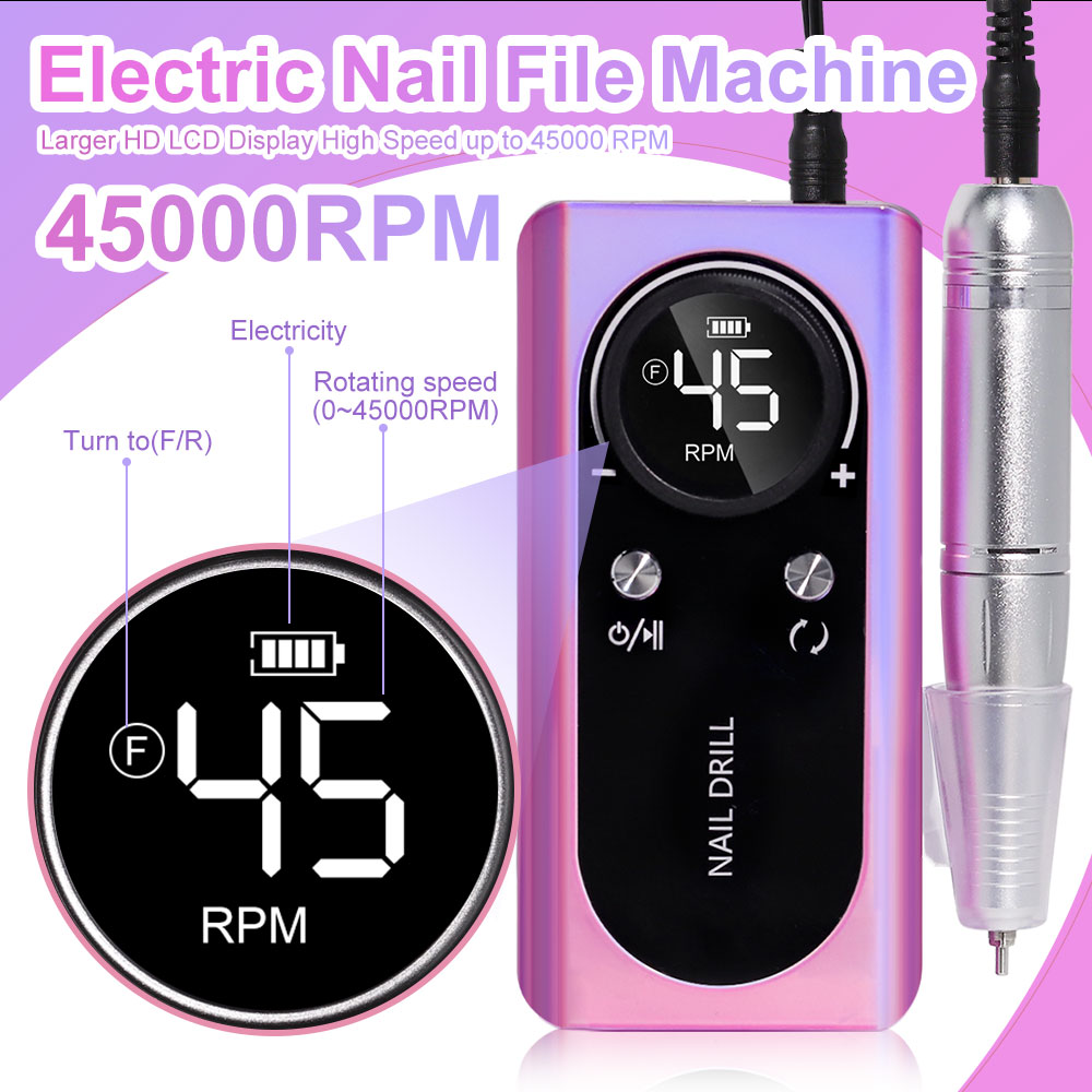 45000RPM Rechargeable Nail Drill Machine with LCD Low Noise Professional Nail Polish Sander Nails Accessories Set