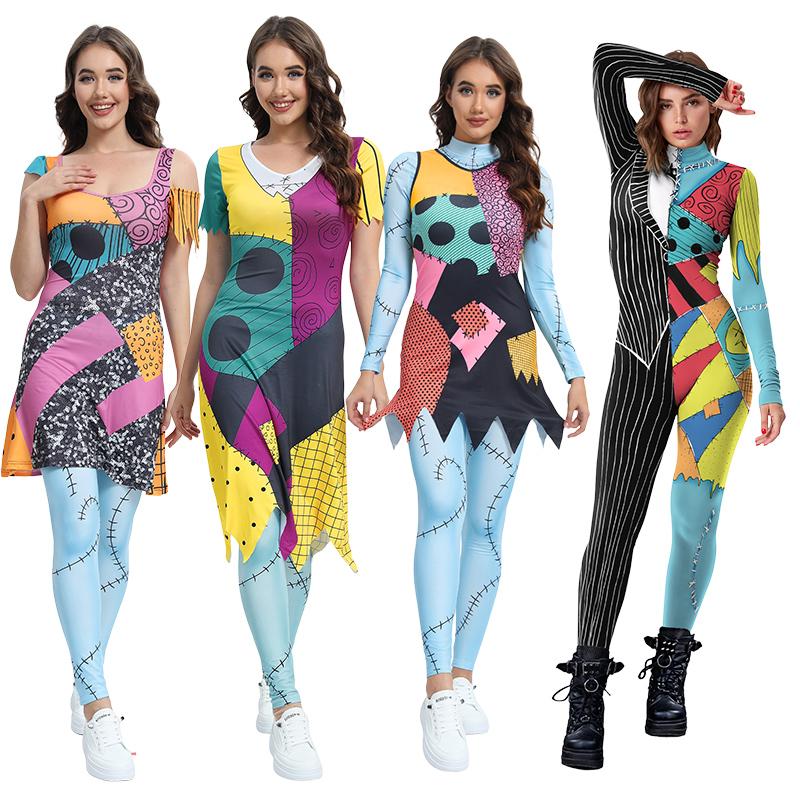 Traje de Cosplayer Sally de Color, disfraz de sirvienta, mono de Halloween, mono de LICRA, mallas de Carnaval, vestido del Día de los Muertos