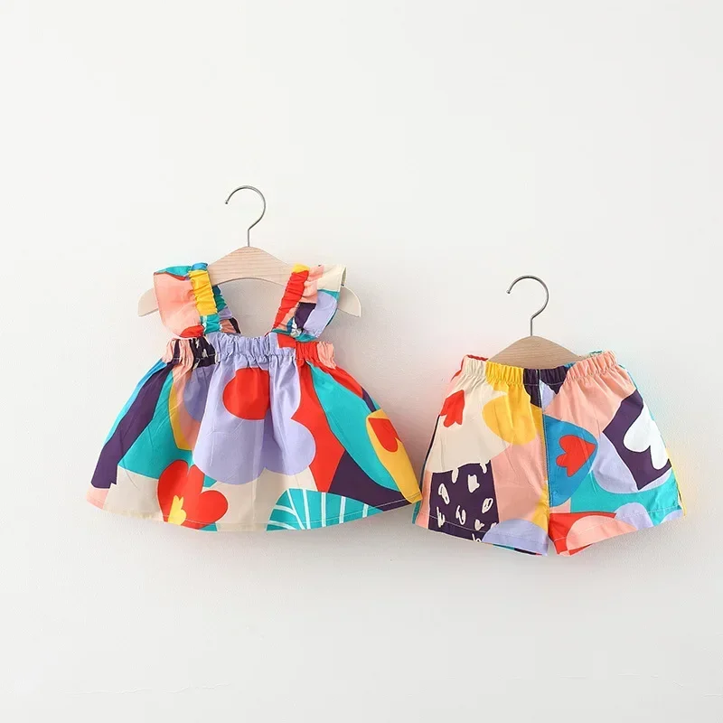 Conjuntos de ropa de verano para niñas, Top con tirantes, chaleco Floral a juego de colores + pantalones informales para niños, traje de ropa para niños pequeños