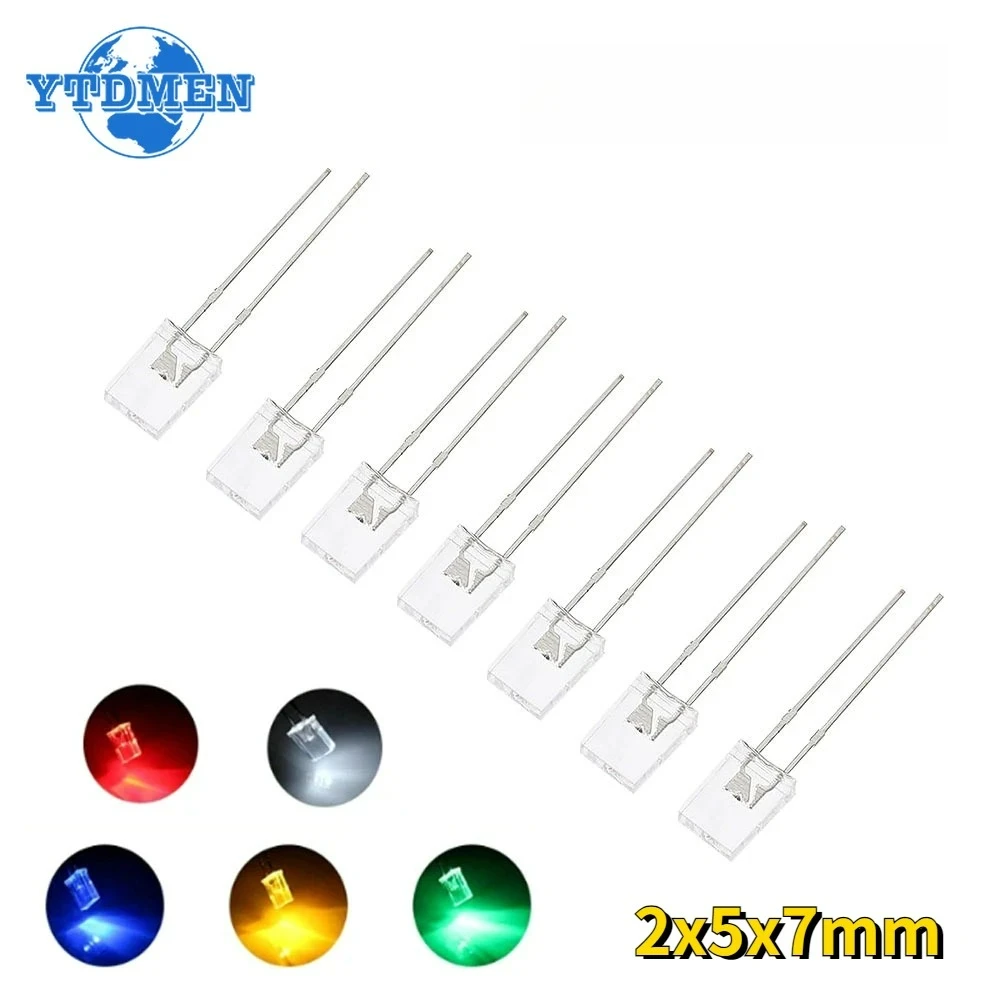 100 PZ 2x5x7 Diodi LED Quadrato Trasparente Diodo Emettitore di Luce Lampada Bianco Rosso Giallo Blu Verde Prodotti Luminescenti Elettronici
