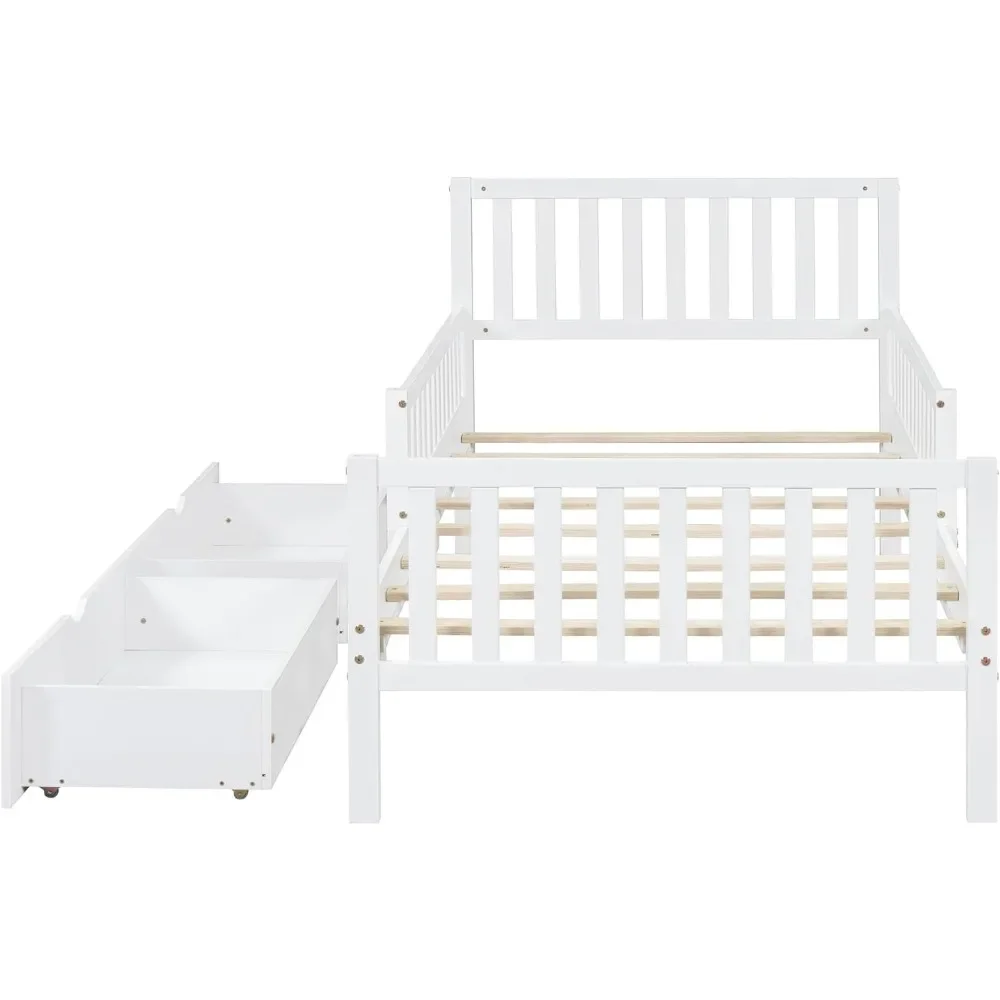 Twin Bed Frame with Storage Drawers and Fence Rails,Wood Platform Beds with Headboard and Slat Support for Kids Boys Girls Teens