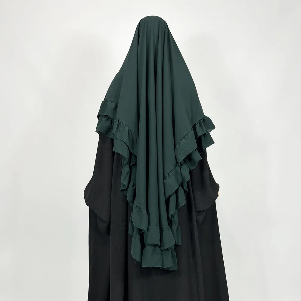 New Two Layer Ruffle Chiffon Khimar with Niqab Strings High Quality Lightweight Breathable Wholesale Muslim Prayer Veil Hijab