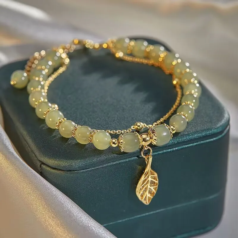 2026 chinesischen Stil Grüne Jade Armband Für Frauen Exquisite Gold Farbe Blätter Handgelenk Strap Armreif Doppel Kette Armband Mädchen Geschenke