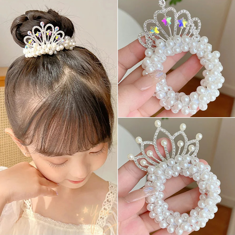 อุปกรณ์แต่งผมรัดผมแฟชั่นสำหรับเด็กแถบยางยืดสำหรับเจ้าหญิงมงกุฎมุก2ชิ้น