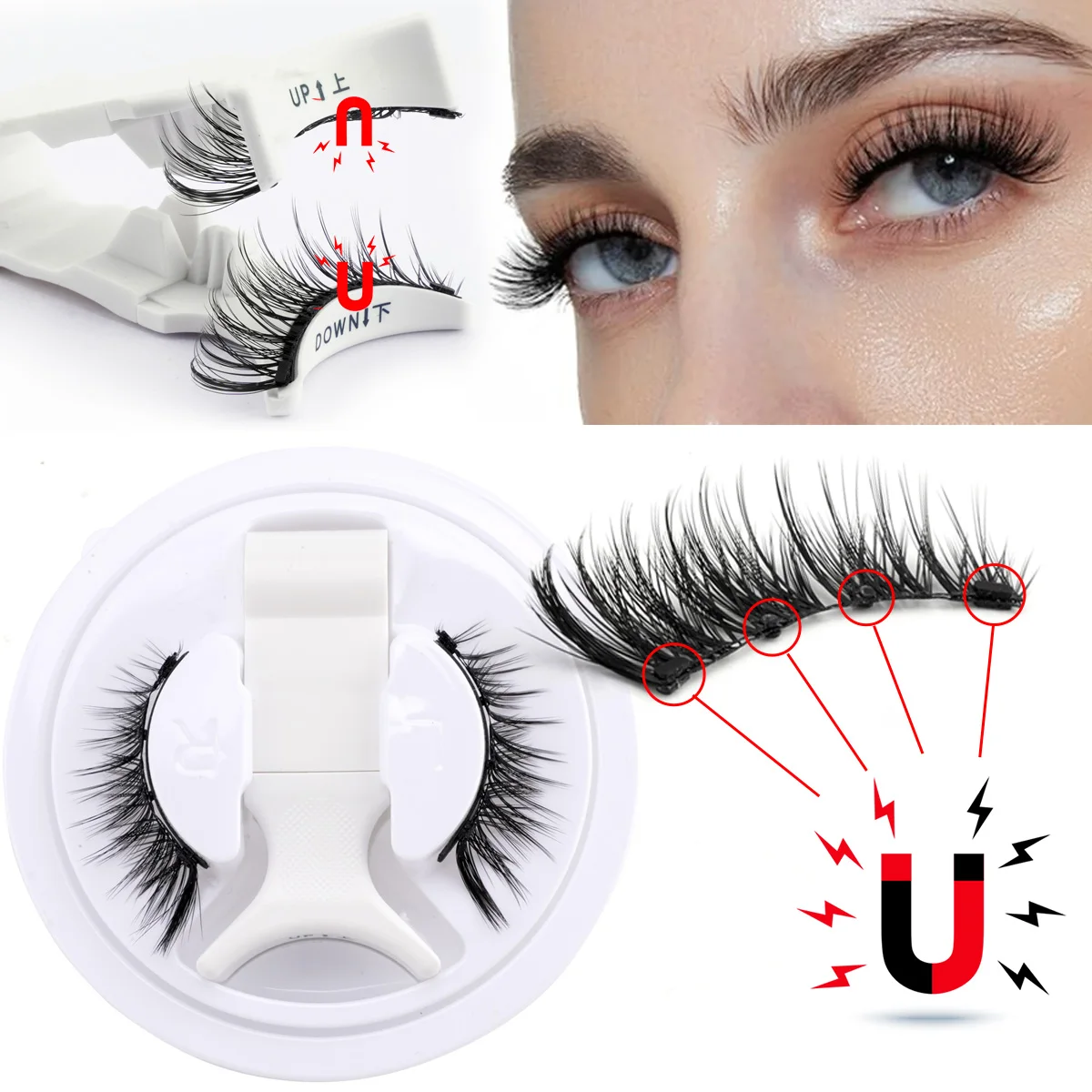 Juego de pestañas magnéticas reutilizables, herramientas de extensión de pestañas fáciles de usar, rizador Natural, pestañas postizas con pinzas magnéticas, 1 par