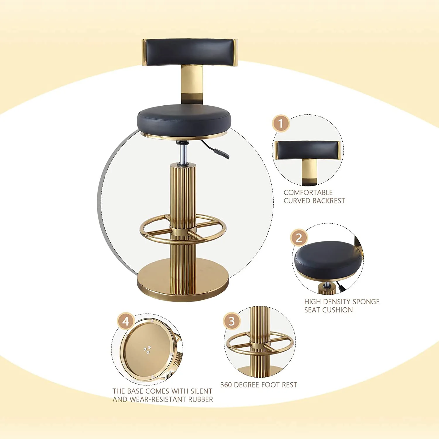 Silla de Bar dorada, taburete de Bar giratorio ajustable en altura, juego de sillas de comedor modernas de acero inoxidable para cocina