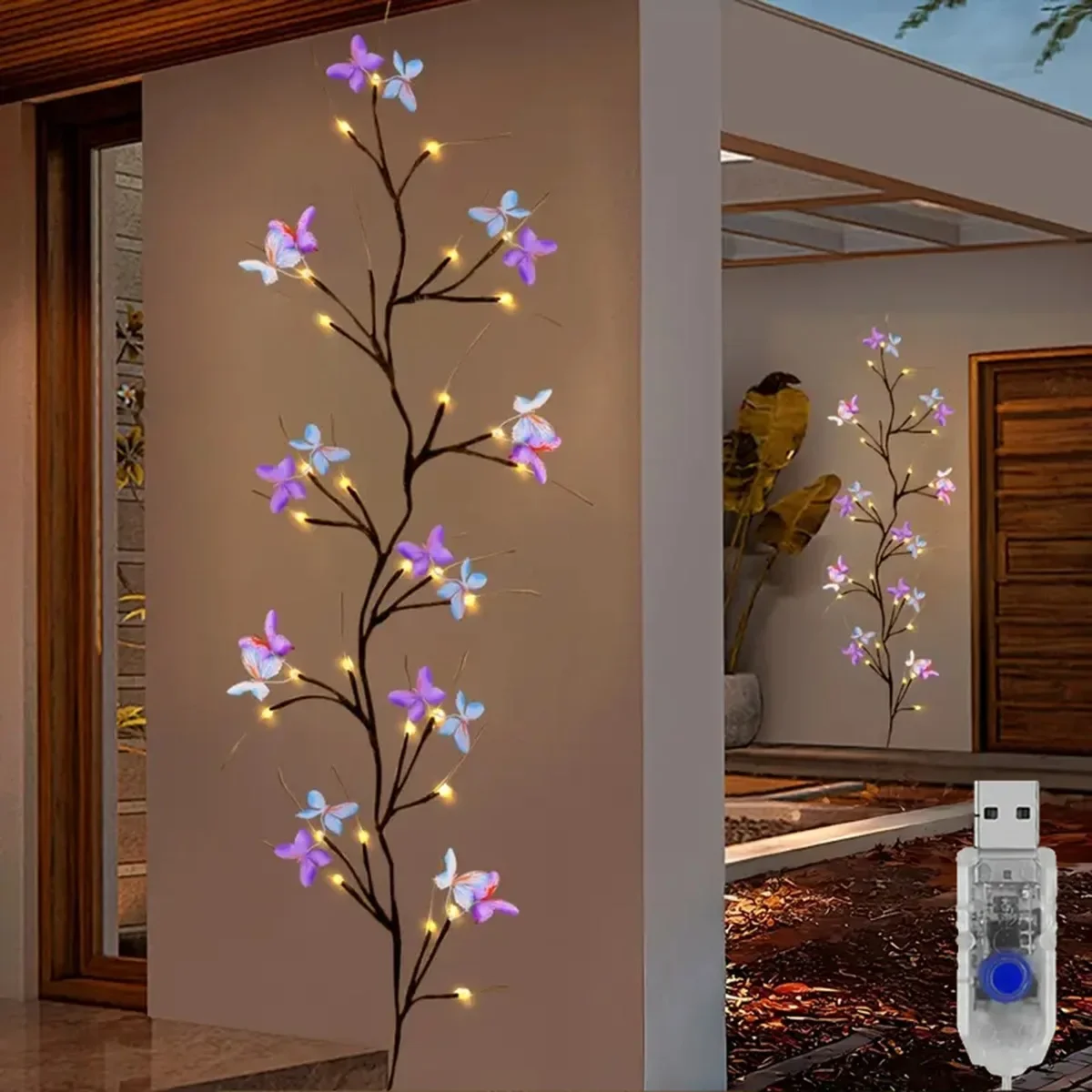 1 szt. 30LED Zaklinowana Wierzba Lampka z Motylem Zasilana USB 8 Trybów Oświetlenia Wewnętrzna Zewnętrzna Wodoodporna Lampka Wierzbowa Odpowiednia