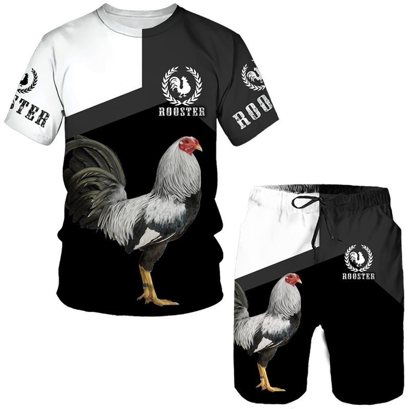 Hahn Jagd Sommer Herren 3D-Druck Mann Set T-Shirt + Shorts Outfit Trainingsanzug Hahn Tier kurze Ärmel 2-teiliger übergroßer Anzug
