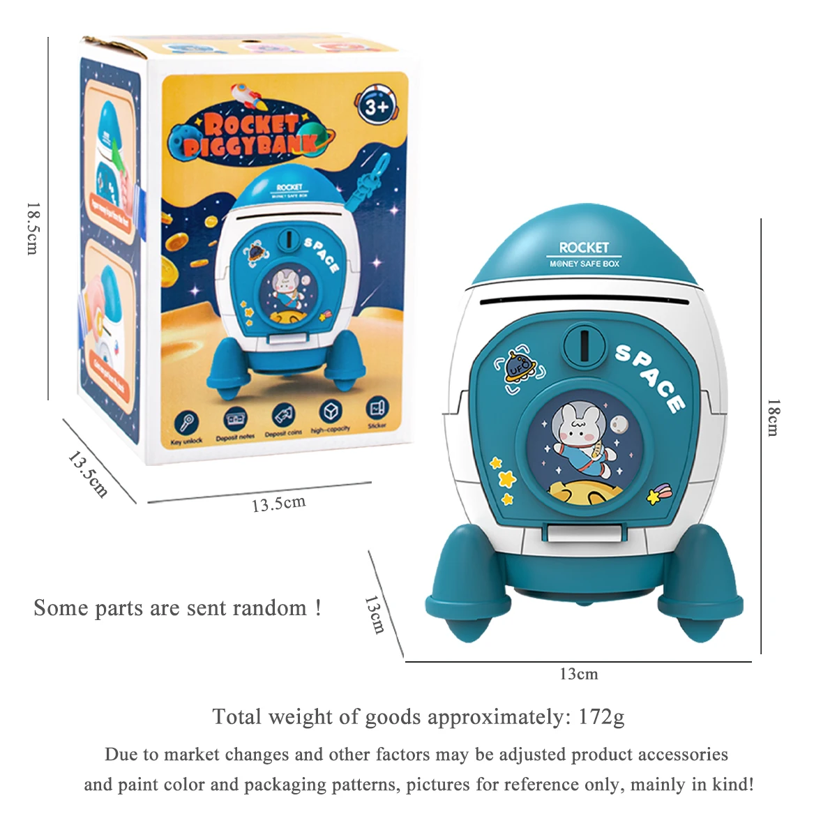 Piggy Bank Toys, Rocket Spacecraft Large Capacity Key Unlocking Puzzle Toy 3 Color could be Chosen, Gifts for 3+ Boys and Girls